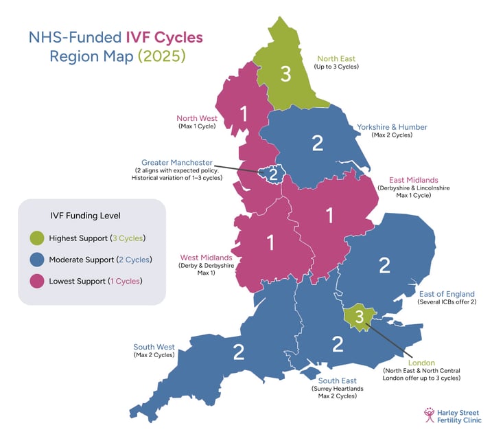 2025 NHS IVF funding map of England showing regions with 1, 2 or 3 IVF cycles.