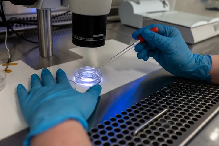 Embryologist working on a Petri dish with a pipette