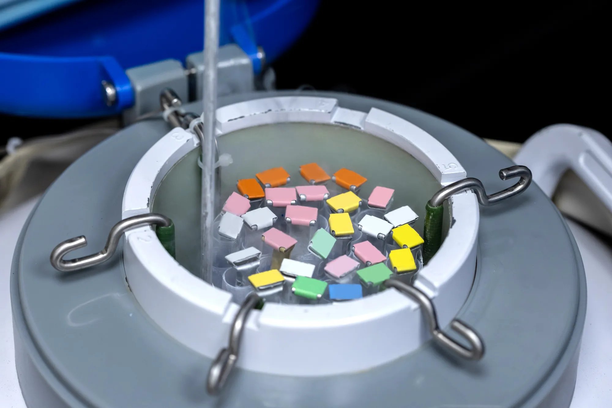 Cylinder with liquid nitrogen containing frozen eggs, frozen sperm and/or frozen embryos, different coloured labels.