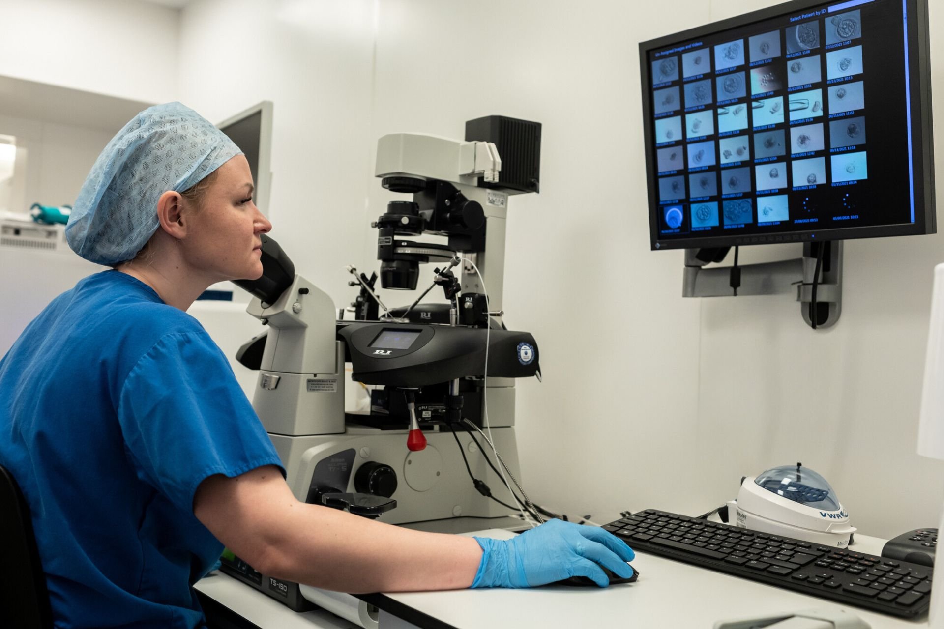embryologist wearing scrubs and a hat, sitting next to a microscope, looking at a screen with embryos at different developmental stages. 